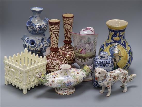 A Dutch Delft polychrome vase, a French Veuve Perrin faience ewer and sundry other Continental ceramics,